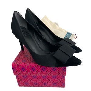 Tory Burch Aria Grosgrain Ribbon /  Black Suede Heels with Bow Detail 8 1/2